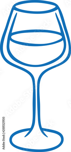 Glass of wine blue line art vector icon, doodle contour alcohol beverage, cabernet wineglass, sparkling party drink
