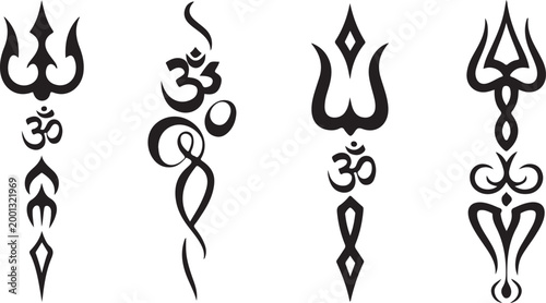 Stylized spiritual Hindu symbols featuring the sacred Om mantra and powerful Trishula trident in elegant black designs