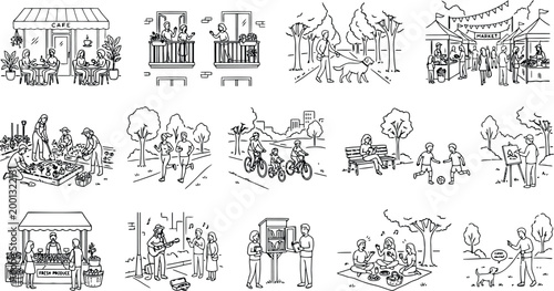 Set of community activities and daily life scenes in a city, people interacting in public spaces, handdrawn vector illustration