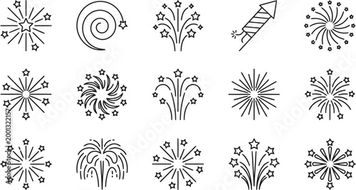 Set of fireworks icons, including firecracker, sparkler, and various explosion shapes