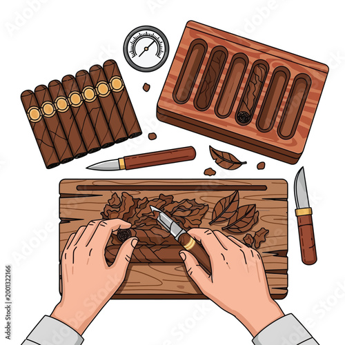 Overhead view of hands crafting cigars, surrounded by tobacco leaves, tools, and finished cigars, showcasing the art of cigar making.