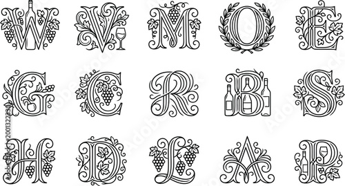 Set of decorative alphabet letters with wine theme, vintage style drop caps with grapes, wine bottles, glasses and vine leaves