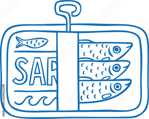 Sardines fish in can blue line art vector icon, Mediterranean menu doodle design element, canned seafood Italian sketch