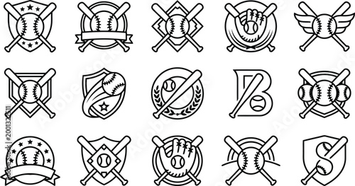 Baseball icon set, vector illustration, sport equipment symbols, collection of baseball league logos