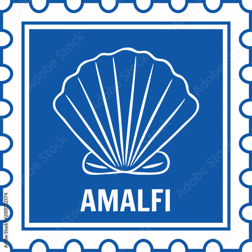 Seashell Amalfi with wavy edges blue line art vector sticker design, mollusk conch, aquatic creature, Mediterranean menu