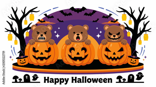 Happy Halloween bears in pumpkins with spooky decorations and lanterns under a starry night sky