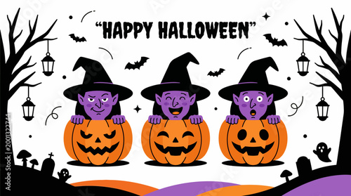 \"Happy Halloween\" Three Purple Witches Peeking Out of Jack-o'-Lanterns with Bats and Spooky Trees