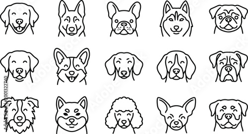 Set of different dog breeds icons, cute puppy faces, vector illustration