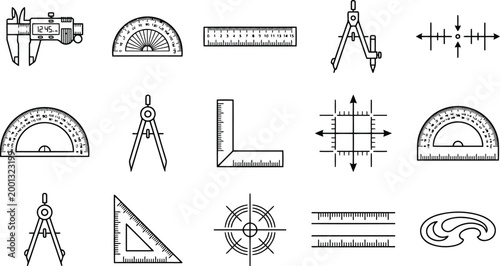 Set of engineering and drafting tools icons including rulers, protractors, compasses, and squares