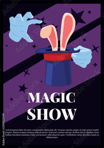 Magic show poster vector design, magician hat with hare inside, ears stick out, vector cartoon illusionist focus trick