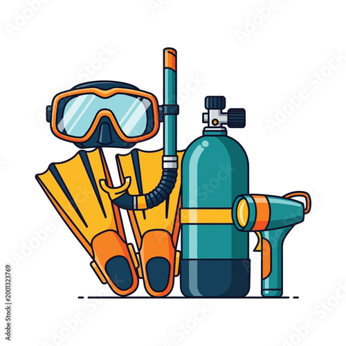 A collection of scuba diving equipment including a mask, snorkel, fins, air tank, and underwater light.