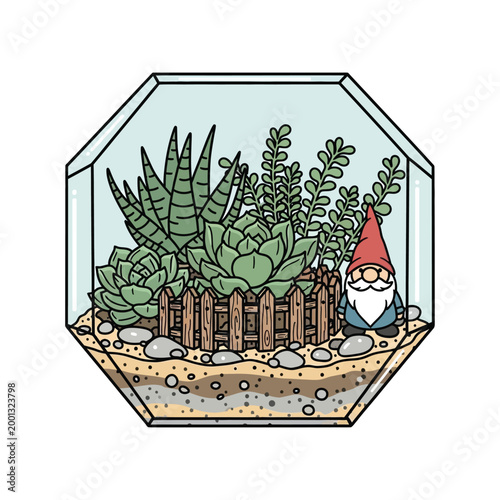 A charming terrarium filled with various succulents and a small garden gnome, creating a whimsical miniature landscape.