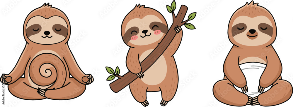 Naklejka premium Cute cartoon sloth character set with yoga meditation and holding branch poses adorable jungle animal vector illustration isolated on light background