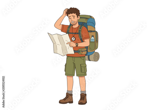 A bewildered backpacker on a solo holiday adventure finds himself lost while navigating an unfamiliar trail, scratching his head in confusion, needing a clear guide to find his way