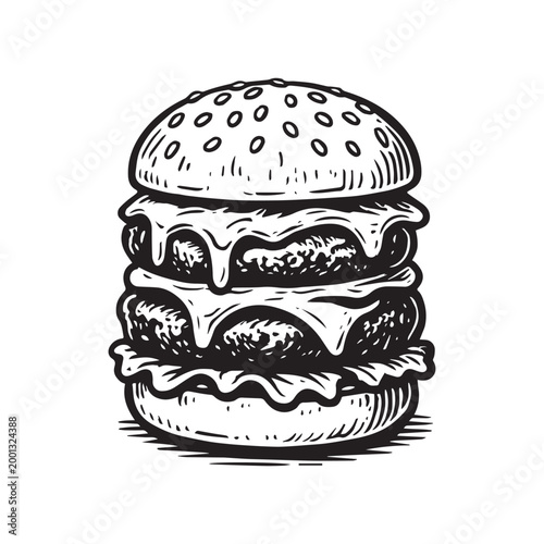 Vintage hand-drawn double cheeseburger vector illustration, retro woodcut style beef burger with melting cheese, classic fast food restaurant menu icon