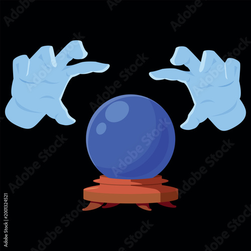 Magician hands and magic crystal ball, cartoon illusionist show focus trick, fortune teller and occult ritual accessory
