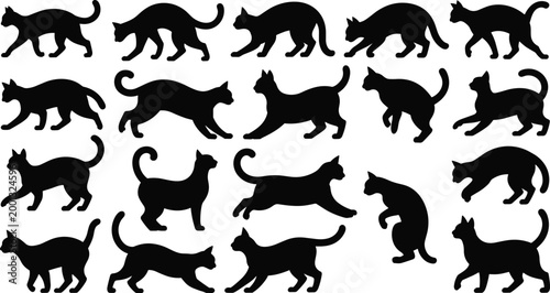 Cat silhouettes collection isolated on white background, various domestic feline walking jumping playing poses vector illustration set