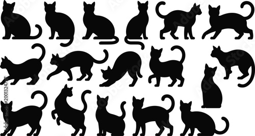 Cat silhouettes set isolated on white background, various domestic feline sitting walking playful poses vector illustration collection