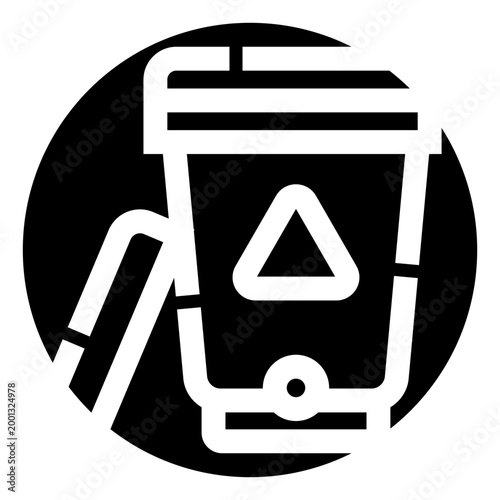 Tableau sur toile Disposable coffee cup icon with lid and straw, minimalist black and white silhou