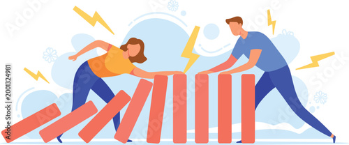 Woman supporting vertical domino while man triggers a chain reaction representing business stability intervention and risk management control concept