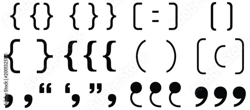 Curly braces parentheses angle quotation marks design set, abstract punctuation and programming symbols collection, vector illustration assets for software development
