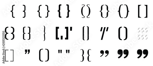 Curly braces parentheses angle quotation marks icon set, typography punctuation symbols collection, vector illustration