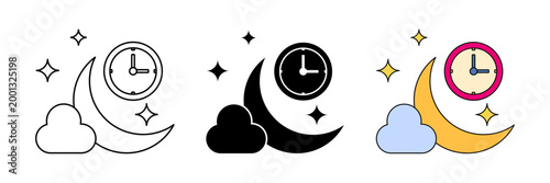 Set of bedtime icons, night clock symbols. Modern design isolated on a white background.