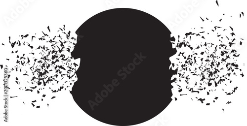 Shattered circle banner explodes, crashed round shape with fractured edges and scattered black cracks vector design