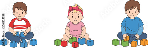 Cute children playing with colorful building blocks set toddler boy and girl learning activity cartoon vector illustration isolated on light background