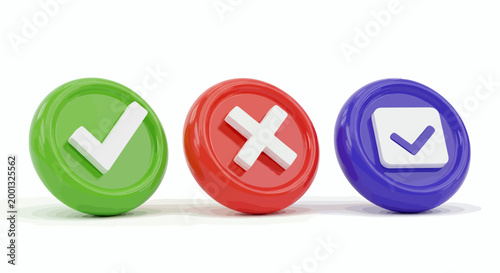Three Circular Buttons with Check and Cross Symbols in Green Red and Blue on White Background.