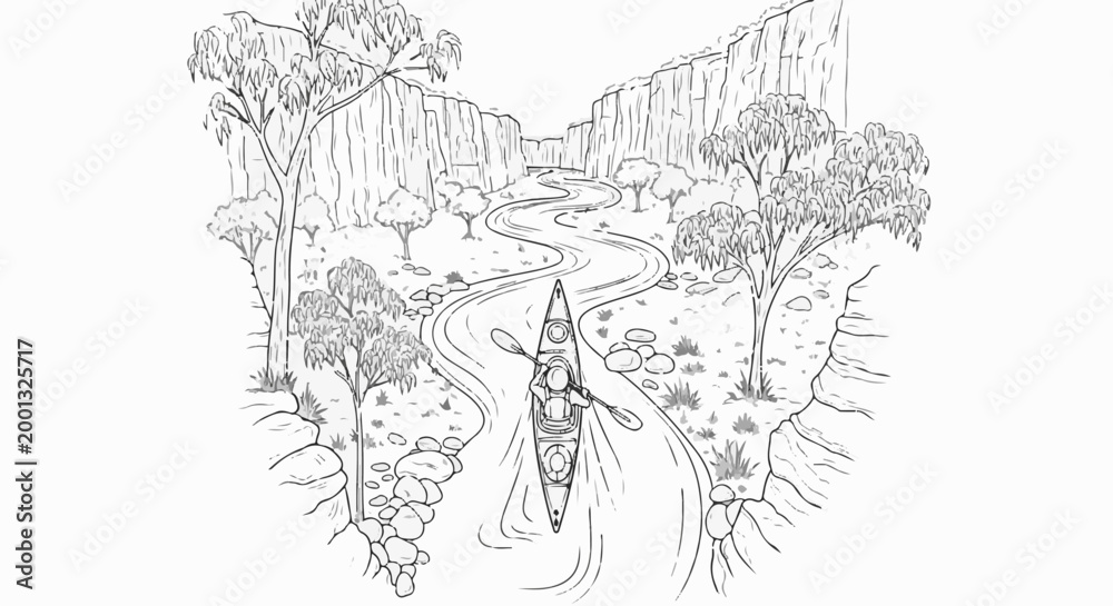 Fototapeta premium A person in a kayak paddles down a winding river through a canyon with trees
