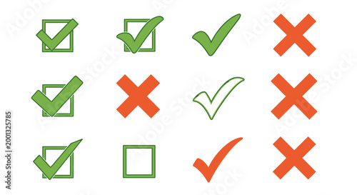 Collection of green check marks and red crosses in a grid.
