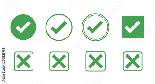 Collection of green check mark icons and red cross icons for approval and rejection.