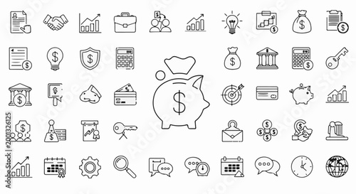 A collection of line art icons representing financial concepts and business