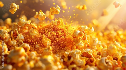 Dynamic Burst of Golden Popcorn with Sparkling Light Effects