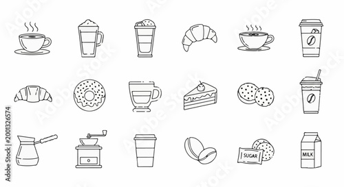 A collection of simple line art icons representing coffee drinks, pastries, and accompaniments