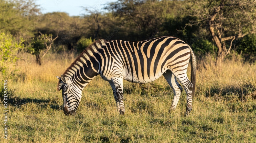 Obraz premium Striking Zebra Grazing in Grassy Savannah During Bright Daylight