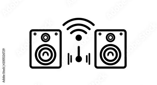 Wireless stereo speakers connected by a wireless audio setup illustration.