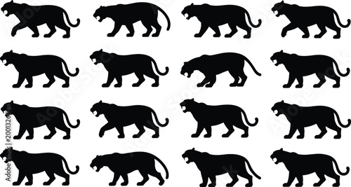 Panther silhouettes collection isolated on white background, various big cat walking stalking poses wild animal vector illustration set