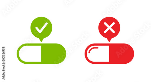 Two illustrated pills indicating correct and incorrect usage with a green check and red cross.