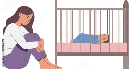 Young mother sitting on floor looking sad near baby in crib representing postpartum depression and maternal mental health