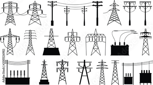 Power line and electricity tower silhouettes collection isolated on white background, various transmission poles and transformers vector illustration set