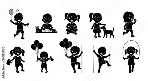 Set of Silhouettes of Happy Children Playing and Engaging in Various Activities