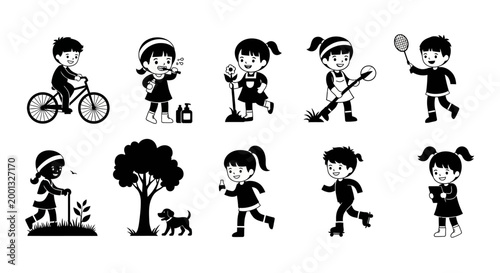 Set of Cute Children Activities Silhouettes