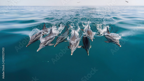 Dolphin Pod Swimming Toward Camera with Energetic Motion Underwater