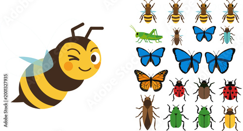 Cute winking cartoon honeybee character with colorful insect collection set featuring butterfly, beetle, ladybug and grasshopper
