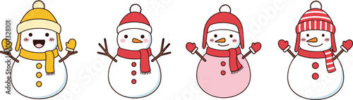 Cute snowman character set with winter hats scarves and mittens different styles festive holiday cartoon vector illustration isolated on light background