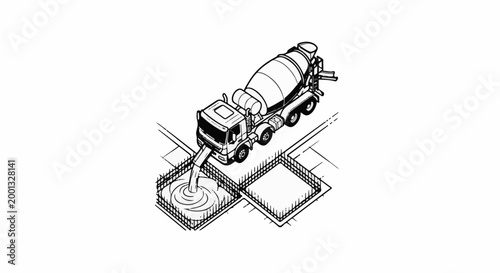 A concrete mixer truck pours material into an excavation with rebar