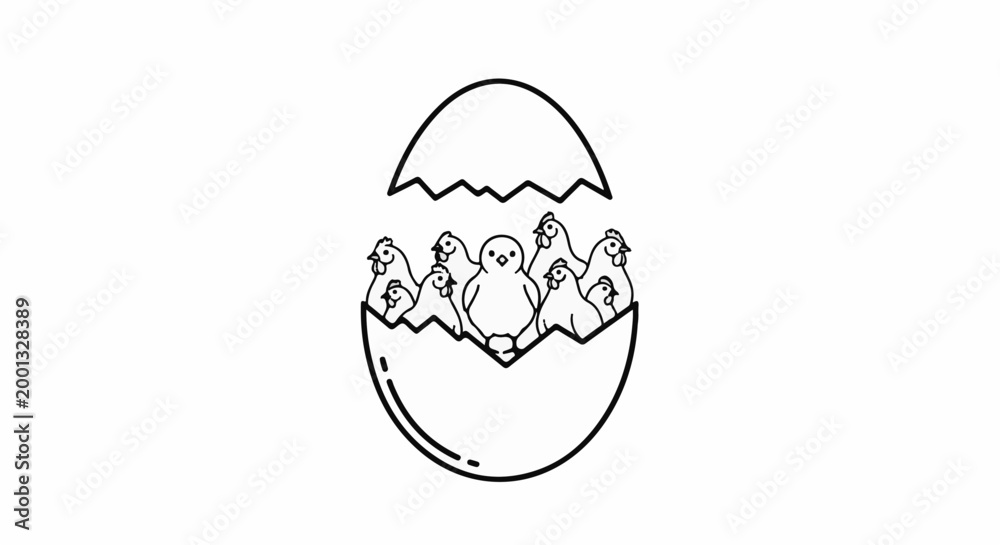 Obraz premium A cute hatched egg with a baby chick and several adult chickens inside