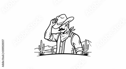 A cowboy tips his hat in a desert landscape with cacti and mountains